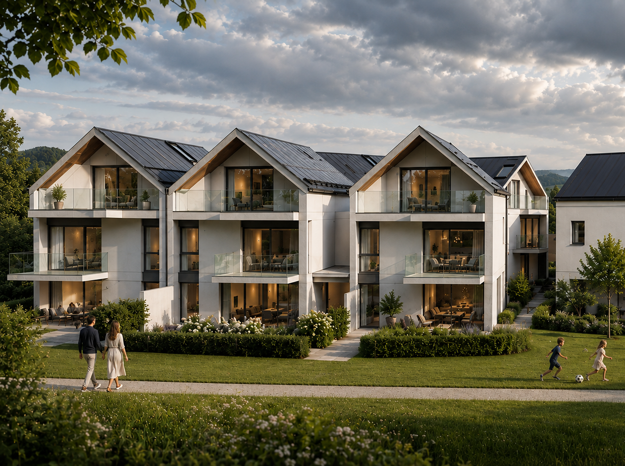 Reihenhaussiedlung mit Satteldächern, Glasbalkonen und parkähnlicher Gartenanlage