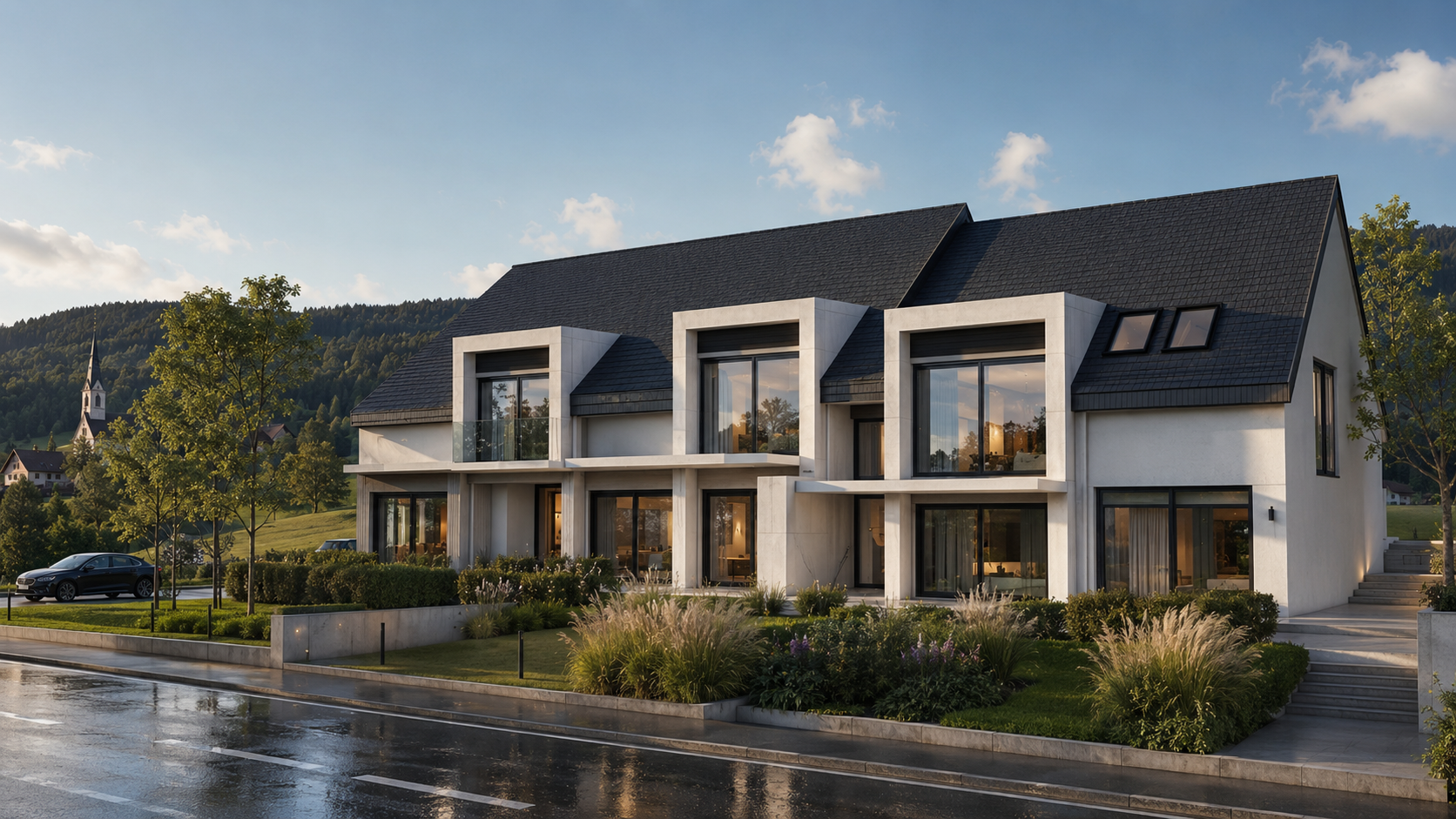 Modernes Doppelwohnhaus mit Satteldach und grossen Fenstern im Abendlicht