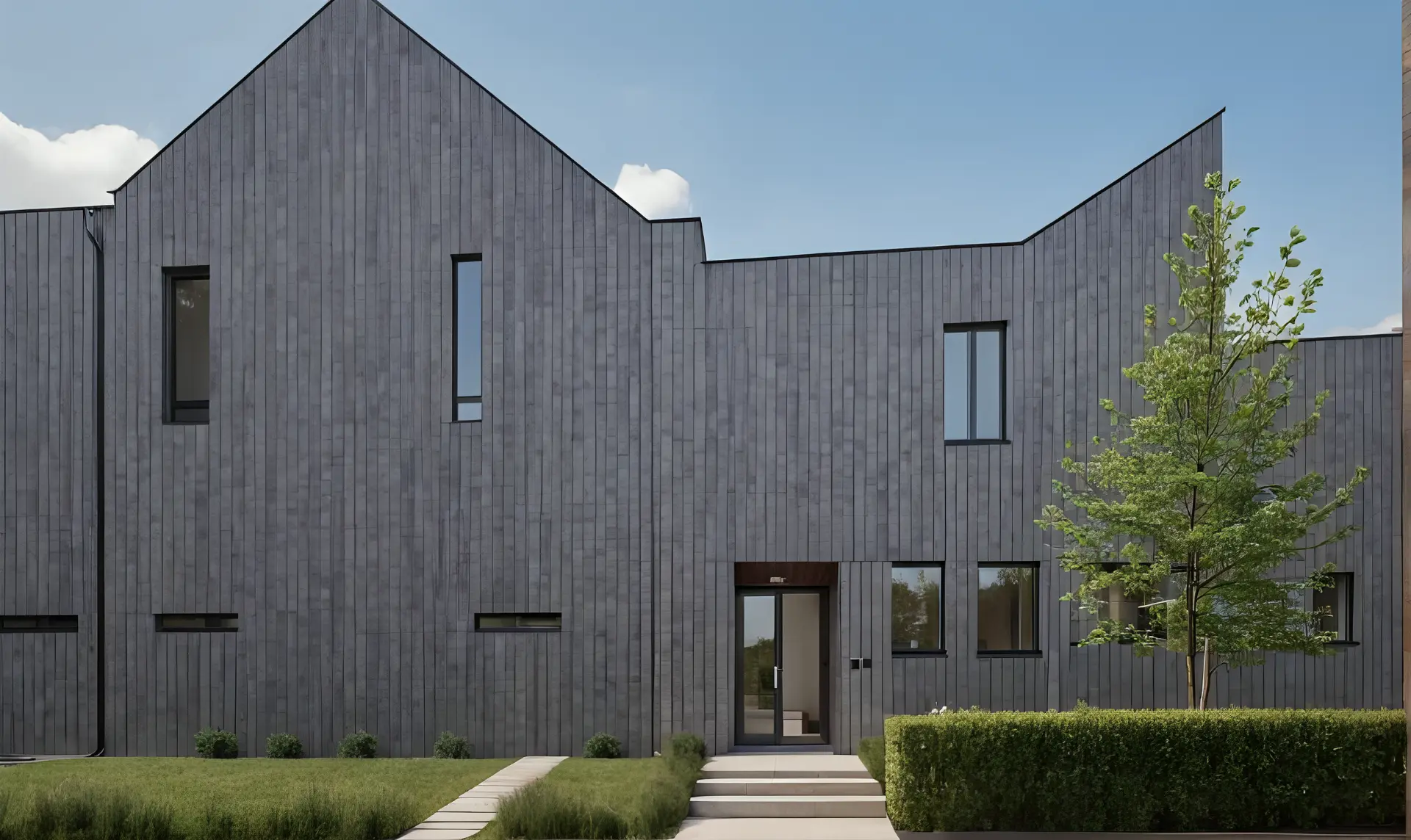 Gebäude mit grauer Holzfassade und präziser Satteldachform