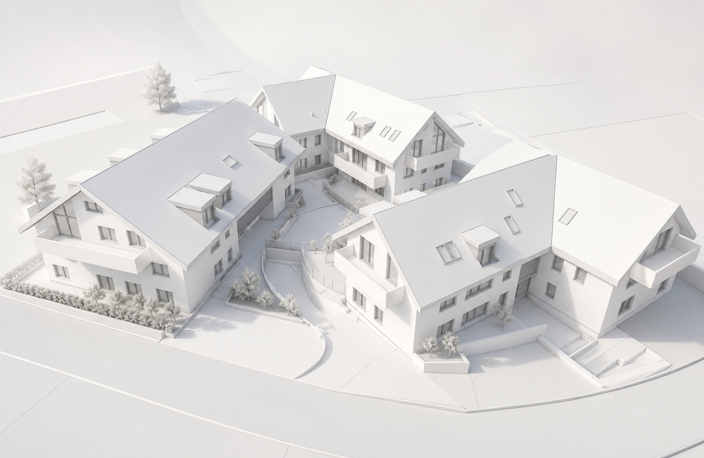 Weisses Architekturmodell einer Wohnüberbauung mit Satteldächern aus der Vogelperspektive